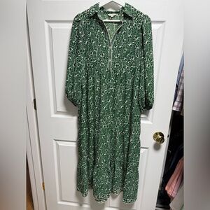 Max Studio Green Printed 3/4 Sleeve Collar Button Tiered Maxi Dress